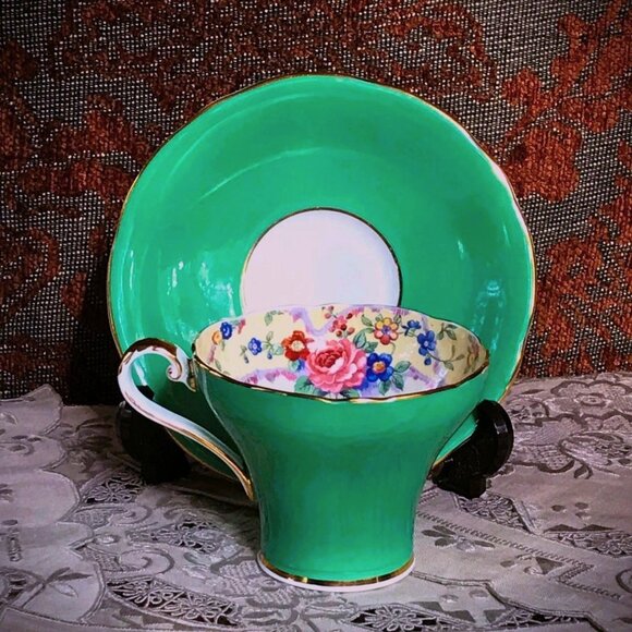 AYNSLEY Tea Cup & Saucer, Green, Cabbage Rose, Bone China, England Pattern B5304 - Picture 5 of 15